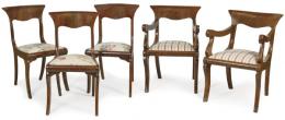 Lote 1049
Conjunto de dos butacas y seis sillas directorio en madera de caoba y palma de caoba, con tapicería de época posterior.
Francia, principios S. XIX