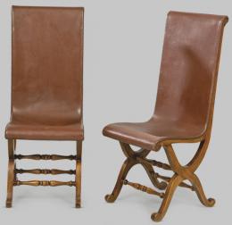 Lote 1093: Pierre Lottier para Valentí
Pareja de sillones modelo Slipper, con estructura en "X" unida por chambrana torneada, en madera de haya teñida y cuero marrón.
1940-60