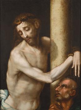Lote 77: LUIS DE MORALES "EL DIVINO" - Cristo atado a la columna con San Pedro arrepentido