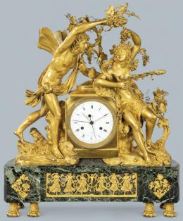 Lote 1255: Thomire Le Jeune (1751-1843)
Reloj de sobremesa estilo imperio en bronce cincelado y dorado sobre base de mármol verde representando a “Zephir et Erigone”. 