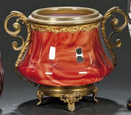 Lote 1277: Centro de mesa de cristal y bronce pp. S.XX color naranja