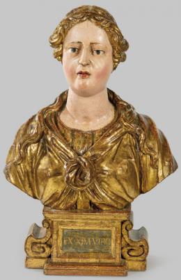 Lote 1381
"Busto de Mártir" en madera tallada, policromada o dorada, Nápoles o España S. XVII.