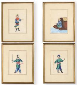 Lote 1491: Seis papeles de arroz chinos pintados al gouache, con tipos populeres, Dinastía Qing S. XIX.