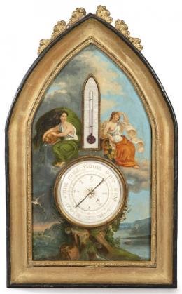 Lote 1535: Barómetro termómetro francés montado sobre panel pintado con alegorías del buen y del mal tiempo, S. XIX.
