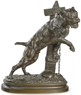 Lote 1538: Escultura de perro de bronce atado a un poste "prenez garde au chien". Firmado por Prosper Lecoutier (1855-1924). Francia, 1878.
