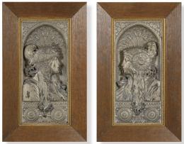 Lote 1558: Pareja de paneles de metal Art Nouveau con perfiles femeninos tipo Mucha h. 1900.