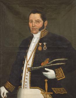 Lote 124: ESCUELA ESPAÑOLA S. XIX - Retrato de oficial de Armada condecorado con la Orden de Carlos III e Isabel La Católica