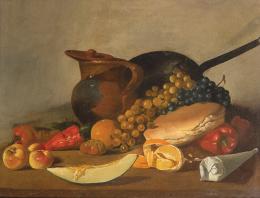 Lote 132: ESCUELA ESPAÑOLA S. XVIII-XIX - Bodegón con fruta, jarra de barro, sartén y pan