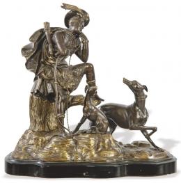 Lote 1038: "Cazador Escocés con dos Perros" en bronce patinado y dorado S. XIX.