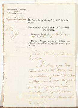 Lote 60: JOSÉ BONAPARTE - Documento emitido en Madrid el 21 de abril de 1811 con firmas de José I rey de España y del Ministro del Interior, marqués de Almenara 