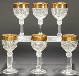 Lote 1092: Juego de seis copas de cristal de Bohemia tallado a mano modelo Römer Napoleon con borde de oro. 
Con etiqueta de Favidema Spain.