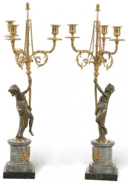 Lote 1258: Pareja de candelabros de bronce dorado, bronce patinado y mármol, Francia S. XIX.