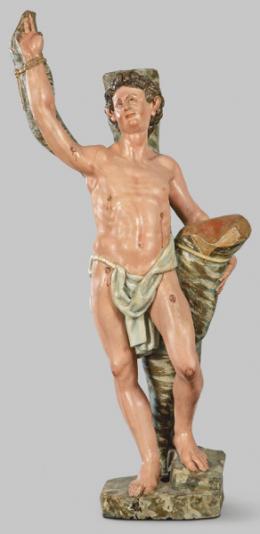 Lote 1270
Escuela Castellana S. XVI
"San Sebastián"
Escultura de madera tallada y policromada. Faltan dedos.