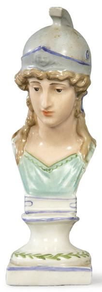 Lote 1293: Busto de mujer con casco en cerámica pintada y esmaltada.