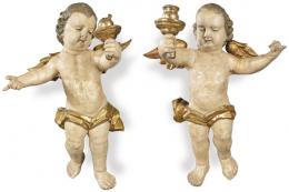 Lote 1329: Pareja de ángeles torcheros de madera tallada, policromada y dorada, España S. XVIII.