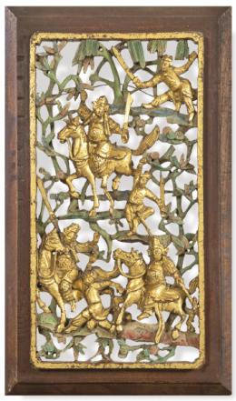 Lote 1453: Panel de templo Chino en madera tallada y dorada S. XIX