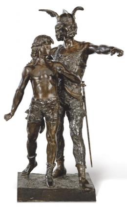 Lote 1024
Siguiendo a "Emile Laporte" (Francia 1858-1907)
"Pro Patria" 
Escultura de bronce patinado. Firmada. Con peana de madera y bronce.