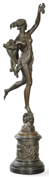 Lote 1087: Siguiendo a Louis Guillaume Fulconis (Francia 1818-1879)
"La Fortuna" ff. S. XIX
Escultura en bronce patinado.