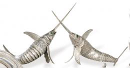 Lote 1181: Pareja de peces espada articulados de plata española punzonada 1ª Ley.