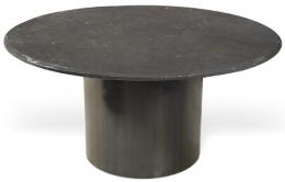 Lote 1338: Mesa de comedor redonda con tapa de mármol negro sobre pedestal cilíndrico de metal pintado en negro. S. XX