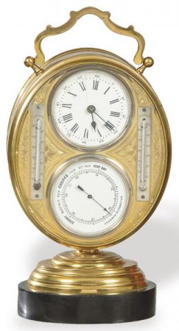 Lote 1427
Reloj, termómetro y barómetro de bronce, Francia S. XIX.
Con asa superior.