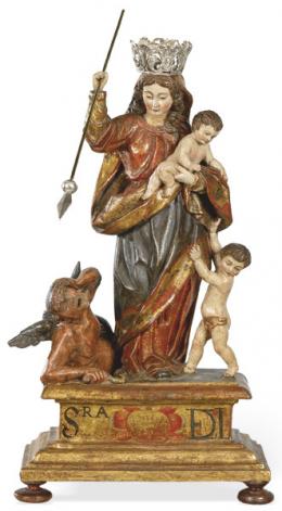 Lote 1447
Escuela Española o Colonial S. XVII
"Virgen del Socorro"
Escultura de madera tallada, policromada y dorada con corona de plata.