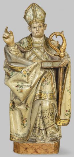 Lote 1450: Escuela Española S. XVI
"Santo Obispo"
Escultura de madera tallada, policromada y dorada con ojos de cristal