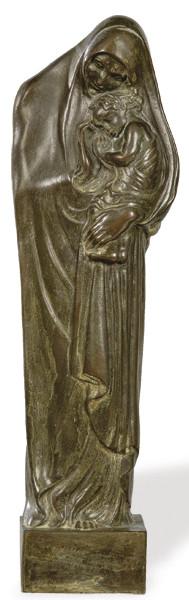 Lote 1483: Leonardo Bistolfi (Italia 1859-1933)
"Virgen con Niño"
Escultura de bronce patinado. Firmada.