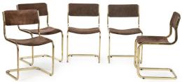 Lote 1498: Marcel Breuer (1902-1981) para Arrben
Conjunto de cinco sillas (B32) tipo Cesca, con estructura en metal dorado, asiento y respaldo tapizados en terciopelo marrón. Faltas.
Italia, S. XX.