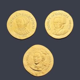 Lote 2597: 3 Monedas mujeres de Francia en oro de 24 k con estuche y certificado.