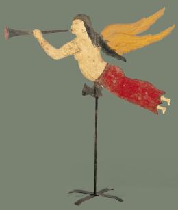 Lote 1037: Veleta en forma de ángel trompetero en hierro recortado y pintado.