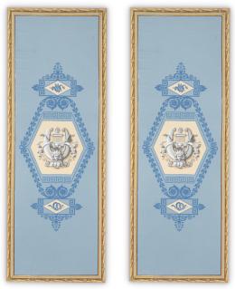 Lote 1049: ESCUELA ESPAÑOLA FNS. S. XVIII
Dos paneles decorativos con motivos clásicos
Tempera sobre papel (dos)
Medidas 176 x 62,5 cm