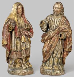 Lote 1093
Escuela Quiteña S. XVII
"San José y La Virgen"
Pareja de pequeñas tallas en madera tallada, policromada,