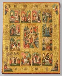 Lote 1098: Escuela Rusa S. XIX
Icono pintado y dorado sobre tabla representando "La Vida de Jesús" en compartimentos con textos en cirílico.