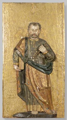 Lote 1101: Escuela Española s. XVI
"San Pedro"
Panel de madera con talla en relieve, policromado, dorado y estofado.