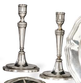 Lote 1138: Pareja de candeleros de plata española punzonada LN/PERAI, Madrid Villa y Corte 1798.