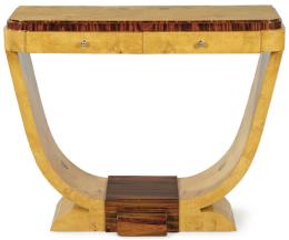 Lote 1274: Cónsola art decó con tapa rectangular sobre pedestales tipo góndola en madera de raíz de arce y palisandro.
Francia, años 30