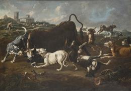 Lote 79: SEGUIDOR DE ROSA DA TIVOLI S. XVIII - Reala de perros atacando a un toro