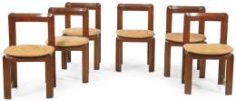 Lote 1328
Conjunto de 6 sillas en madera de haya teñida diseños de Guilleumas, años 60.