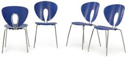 Lote 1351: Jesus Gasca, 1994 para STUA
Conjunto de 4 sillas modelo Globus con estructura en tubo de acero cromado brillo, con asiento en madera laminada de fresno, moldeada y lacada en azul.