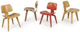 Lote 1353: Charles & Ray Eames, 1945/1946 para Herman Miller
Conjunto de cuatro sillas Plywood Group modelo DCW (Dining Chair Wood), con asiento, respaldo y base en contrachapado moldeado con chapa de fresno, nogal y chapa teñida de rojo.