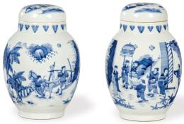 Lote 1379: Pareja de tibores de porcelana china azul y blanco, Periodo Transición con marca y época de Chongzhen (1628-1644), Dinastía Ming.