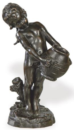Lote 1443
"Niña con Cántaro" en bronce patinado, Francia primer tercio S. XX.
Firmada (ilegible)