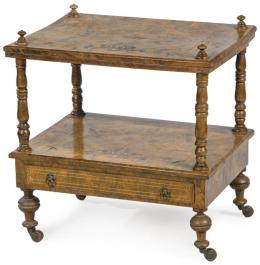 Lote 1474: Mesa auxiliar cuadrada eduardina con dos baldas en madera de nogal, la inferior con un cajón y montantes en madera torneada.
Inglaterra, finales S. XIX