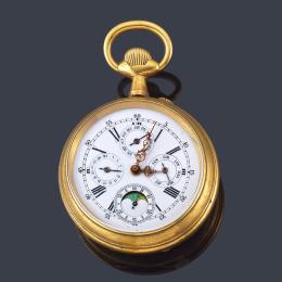 Lote 2515: Reloj lepín triple calendario y fase lunar nº 79816 con caja en metal dorado.