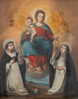 Lote 54: ESCUELA ANDALUZA S. XVIII - Virgen del Rosario con el Niño Jesús ante Santo Domingo de Guzamán y Santa Catalina de Siena