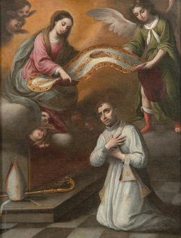 Lote 55: ESCUELA SEVILLANA S. XVII - La Virgen María impone el escapulario a San Ildefonso