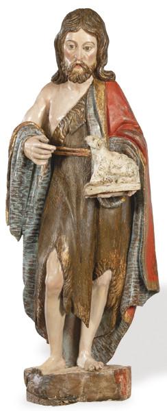 Lote 1108
Escuela Española S. XVII
"San Juan Bautista"
Escultura de madera tallada, policromada y dorada