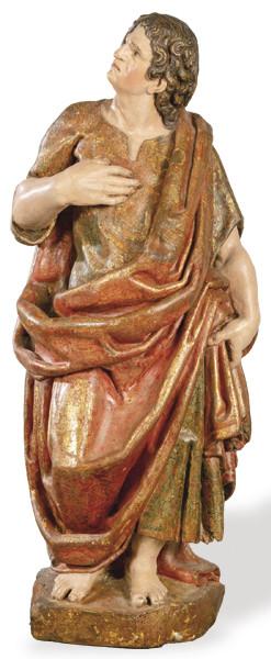 Lote 1115: Escuela Romanista S. XVII Seguidor de Juan de Anchieta (Guipuzcoa h. 1462-1523) 
"San Juan"
Escultura de madera tallada, policromada, dorada y estofada.
