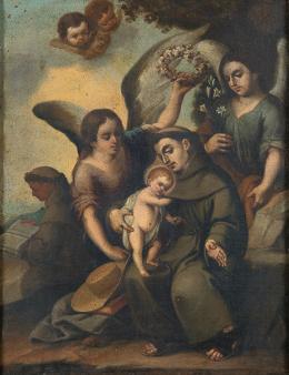 Lote 74: ESCUELA SEVILLANA S. XVIII - San Antonio con el Niño y ángeles